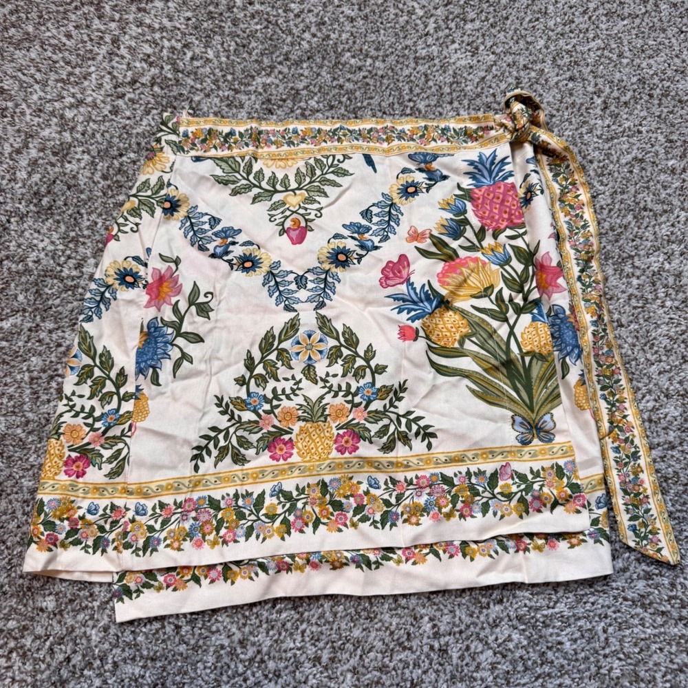 FARM Rio Medium Viscose Elisa‎ Skirt Beige Tropical Floral Print Wrap Mini New